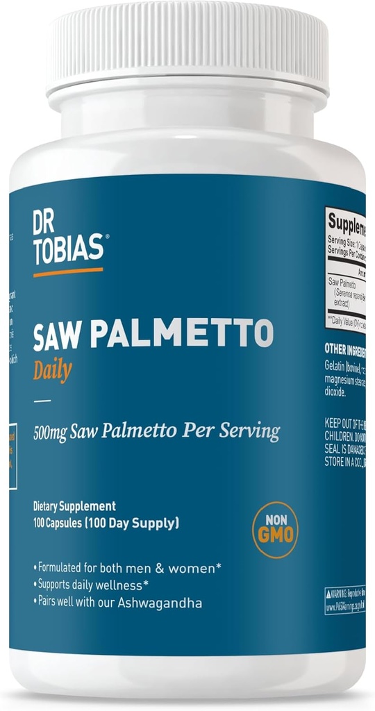 Dr Tobias Saw Palmetto Supplément, soutient la santé urinaire, l'équilibre hormonal, la santé de la prostate et la vitalité des cheveux, Saw Palmetto pour les hommes et les femmes, 500mg par portion - 100 capsules, 100 portions