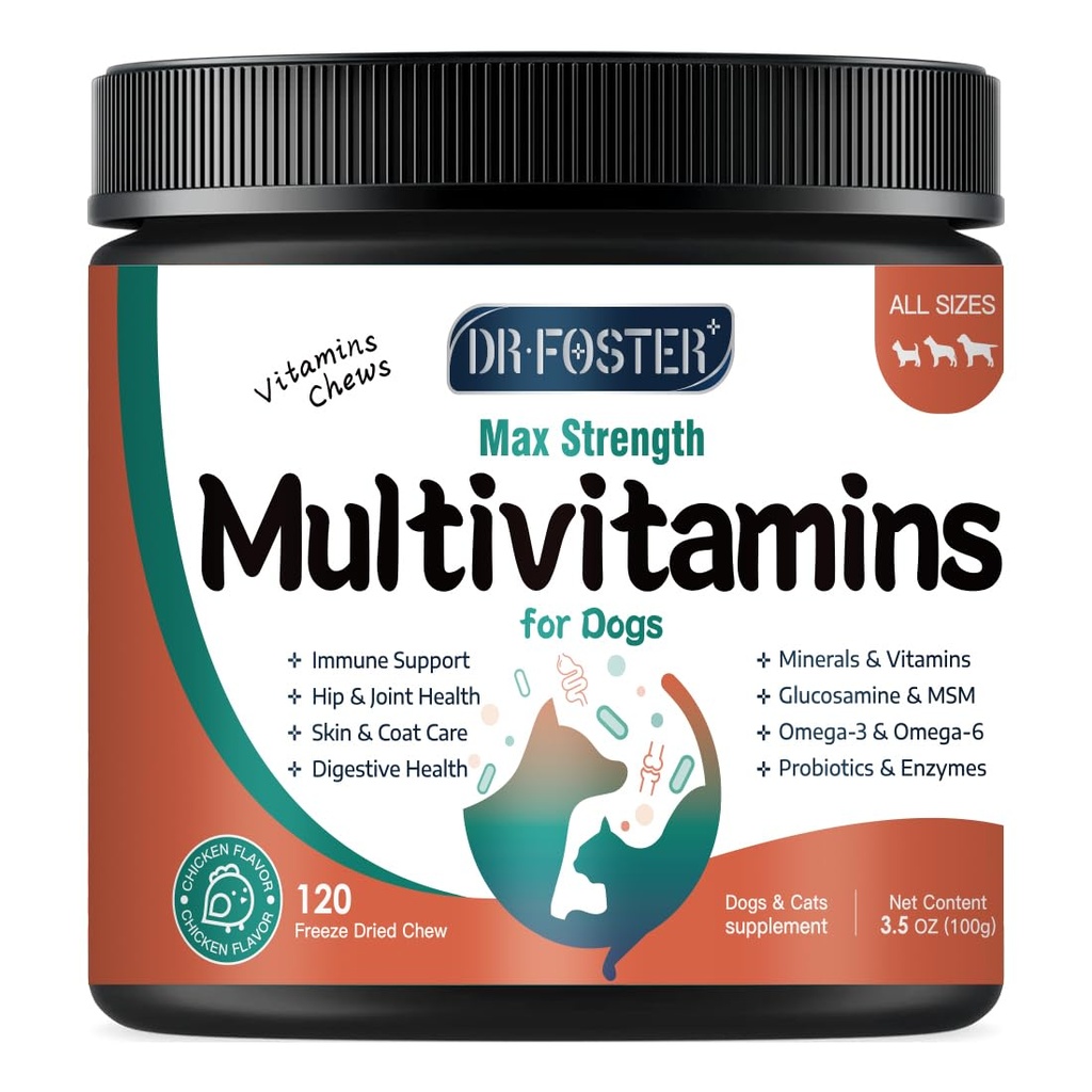 Multivitamine de chien avec Glucosamine, Omega 3, Minéraux, Probiotiques et Enzymes, Vitamines de chien et suppléments pour le soin des articulations, de la peau et du manteau, la santé digestive et immunitaire, l'arôme de poulet - 120 Chews