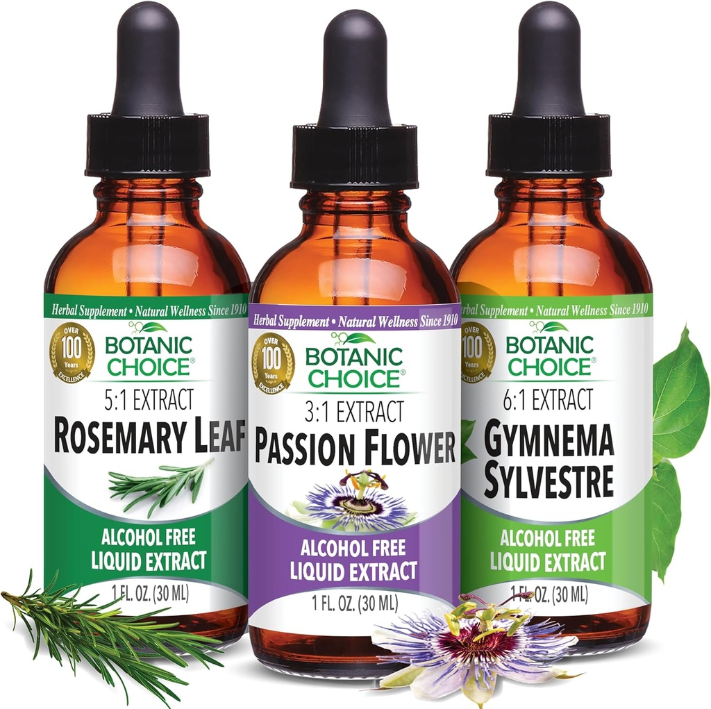 Botanic Choice Passion Flower, Rosemary Leaf, & Gymnema Sylvestre Extraits Bundle – Kit de bien-être global quotidien pour le bien-être général (1 fl. Oz. chaque)
