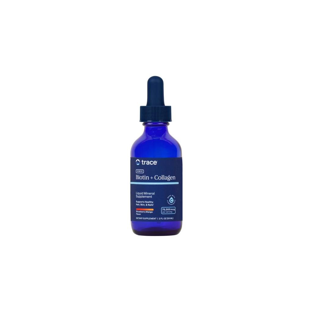 Trace Minerals Ionic Biotin + Collagène - Supplément de peau pour cheveux sains et ongles forts - Liquide Biotin & Collagène - Supporte l'équilibre minéral - Fraise Mango Flavor - 2 fl oz (29 portions)