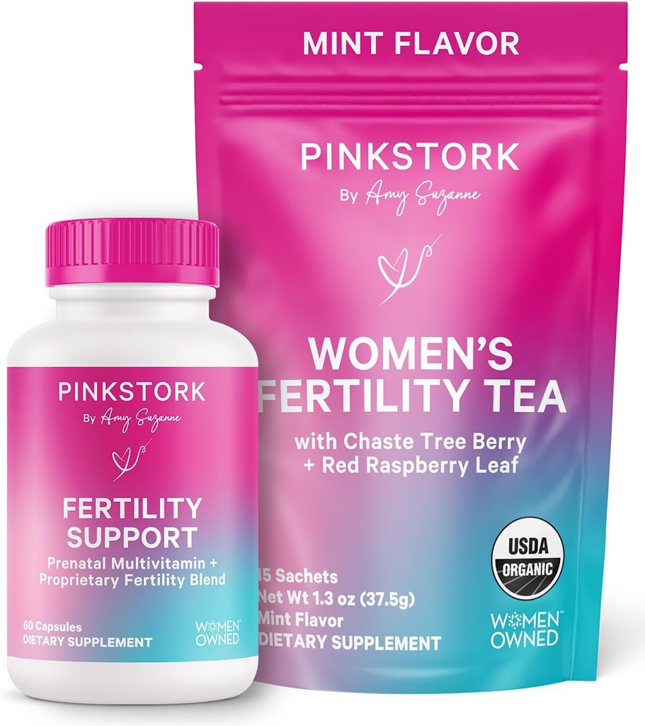 Pink Stork Fertility Bundle pour les femmes – Thé Conception + Soutien Vitamine Prénatale avec Inositol, Vitex, Folate & Ashwagandha – Soutiens Hormone Balance, Cycle Santé et Préconception Bien-être