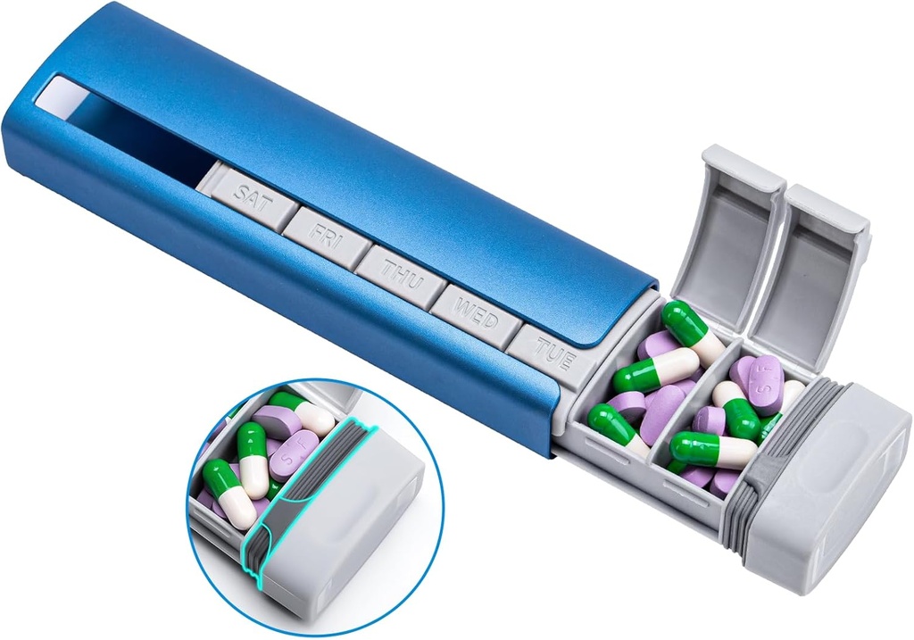 Daviky Metal Travel Pill Organizer, Premium Aluminium Pill Box 7 Day, Daily Pill Case, Stylish &Cute Pill Holder pour les médicaments, suppléments et vitamines (Blue+Gray)