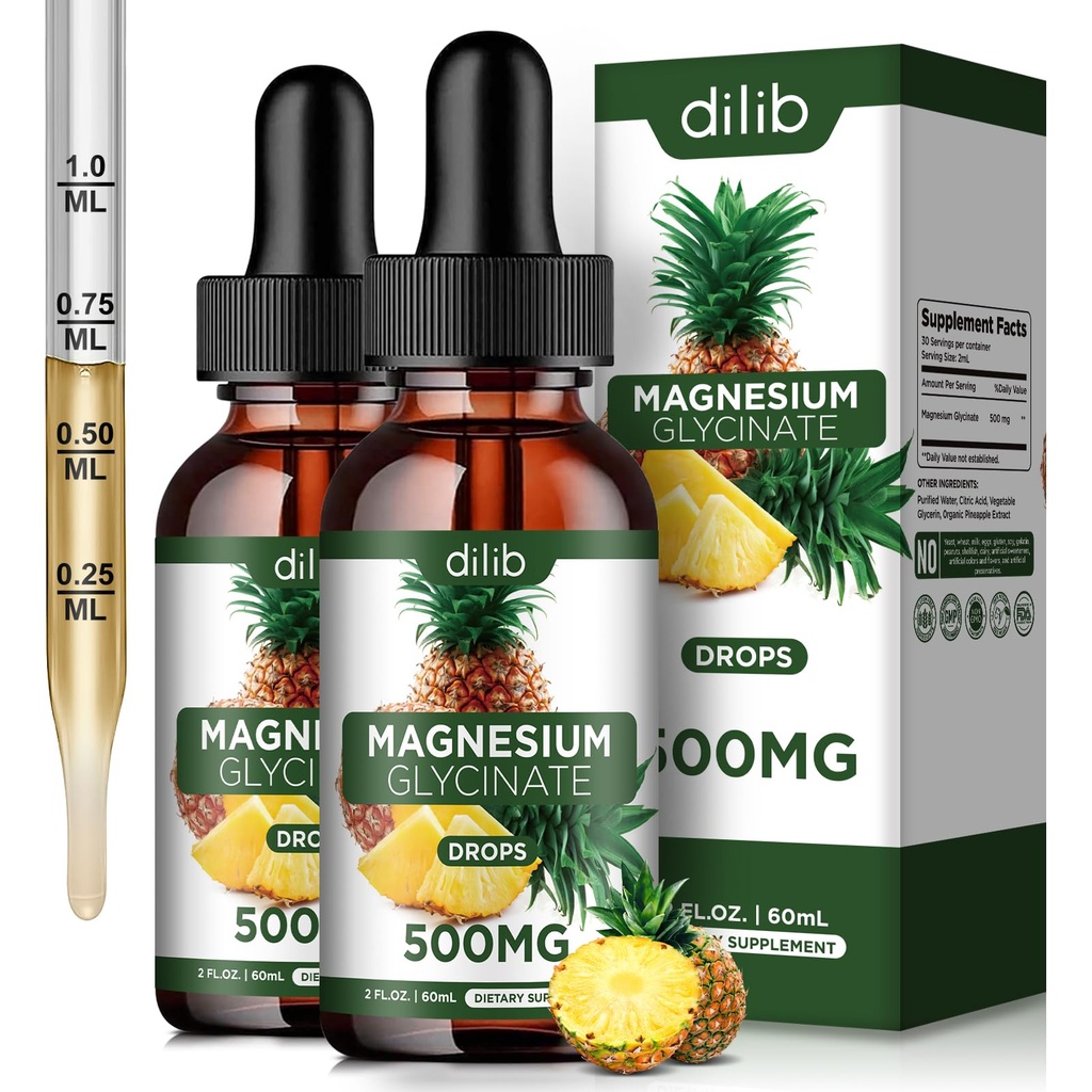 (2 Pack) Supplément de glycinate de magnésium, gouttes liquides de glycinate de magnésium 500mg-Support Stress Relief, Relaxation, Mood, Sommeil, Os et Muscle-4 Fl Oz, Vegan, Arôme Ananas