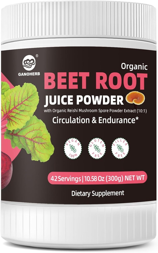 Poudre de racine de betterave 7000mg, Poudre de jus de betterave biologique concentrée élevée avec champignons Reishi, Supplément super-alimentaire Boissons de betterave pour la circulation et l'endurance, végétalien, sans sucre