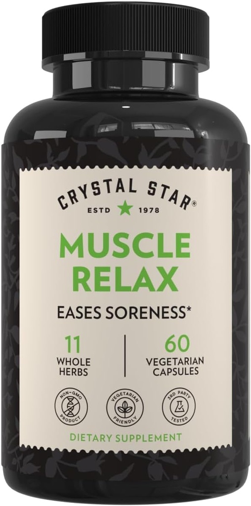 Crystal Star Muscle Relax (60 capsules) – Soulagement à base de plantes des muscles douloureux, des crampes et des spasmes – Racine valériane, Jamaica Dogwood & Cramp Bark - Non-OGM