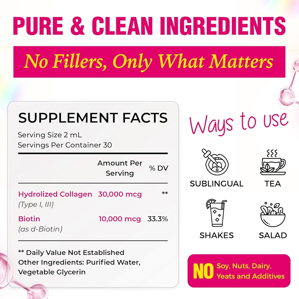 Liquid Collagen & Biotin, 2 Fl Oz (Pack of 2), 40000 mcg for Hair Skin Nails, Vitamin B7 Hydrolized Collagen Peptides Supplement for Women, Bioactive Form, Sugar Free, Raspberry Flavor