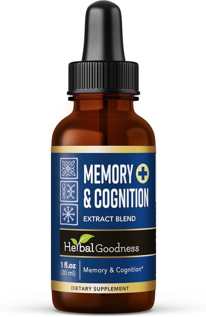Herbal Goodness Memory & Cognition Liquid Extract 1oz – Aide à la mémoire biologique, Energy Boost, Immune Support, Natural Brain Booster avec Ginkgo Biloba & Bacopa Monnieri