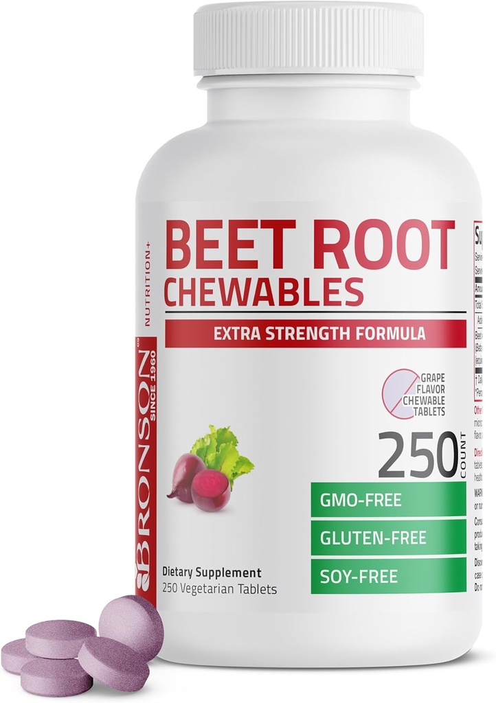 Bronson Beet Root Chewables 2000 MG, Grape Flavored - Extra Strength 2000 MG Per Serving Circulation Support Heart Health & Stamina, Non-GMO, 250 Vegetarian Grape Flavored Chewable Tablets