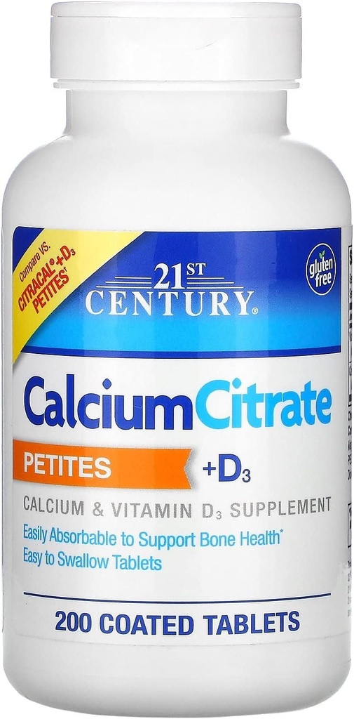 21ème siècle Citrate de calcium Petites + D3 Comprimés enduits - 200 Comprimés, boîte de 4