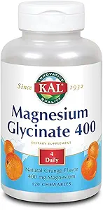 KAL® Magnésium Glycinat 400 mg de supplément de magnésium chélaté de haute absorption, digestion douce de sucre sans saveur d'orange naturelle de 120 Chewables