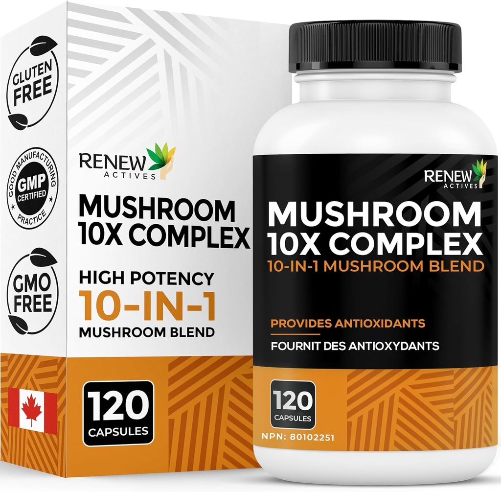 RENOUVELLEMENT ACTIFS Complexe de champignons 2 Capsules par portion – 10 Mélange de champignons avec des antioxydants pour la santé et le bien-être immunitaire – Soutient la vitalité globale et le bien-être à long terme – Fabriqué au Canada - 120 Capsules