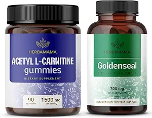 HerbAMAMA L-Carnitine et Goldenseal Kit - Ensemble de 1 500 mg de Gommies d'acétyle L-Carnitine et 700 mg de Capsules de Goldenseal - Vegan, Non-OGM, Sans gélatine - 2 boîtes