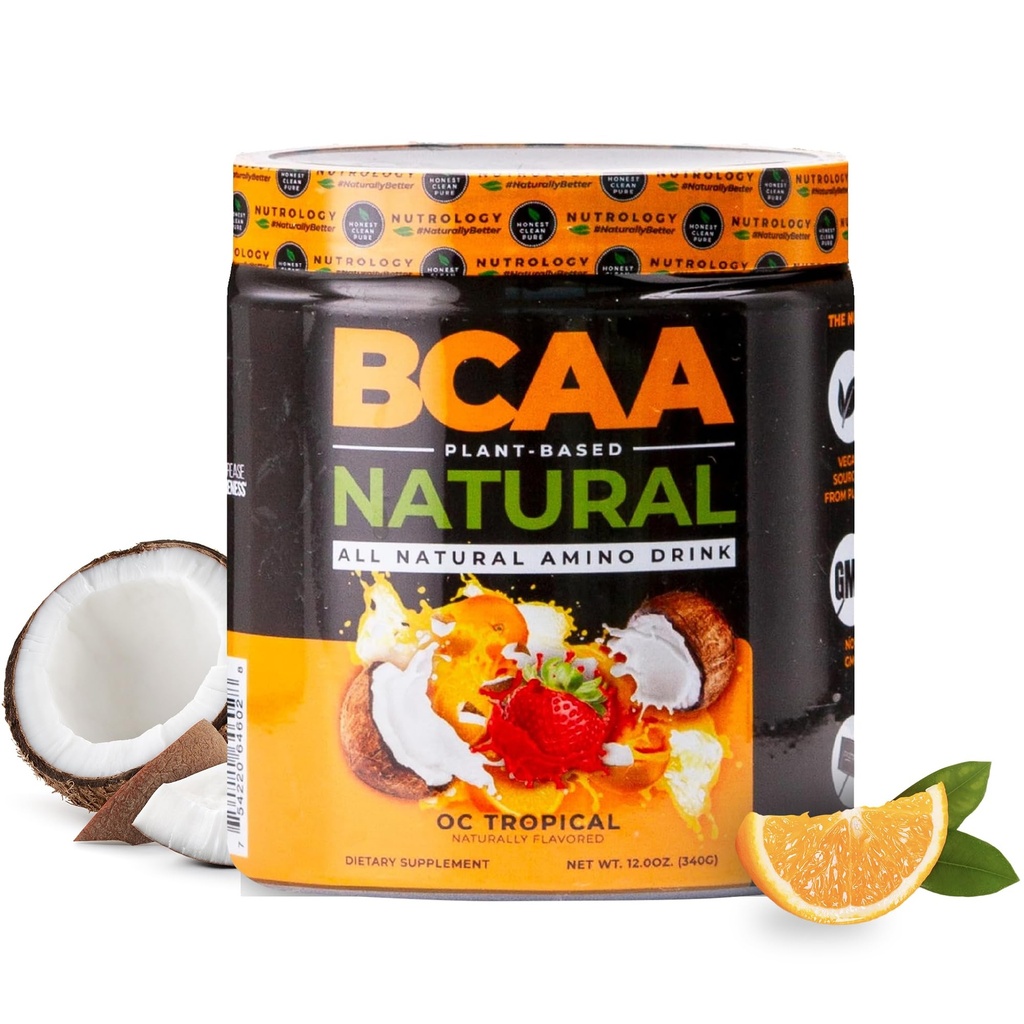 Nutrologie BCAA Naturel - à base végétale BCAA poudre, orange noix de coco saveur, optimisé 2:1:1 rapport acides aminés poudre pour pré-entraînement et post entraînement récupération, végétalien, sans gluten, non-OGM, 30 portions