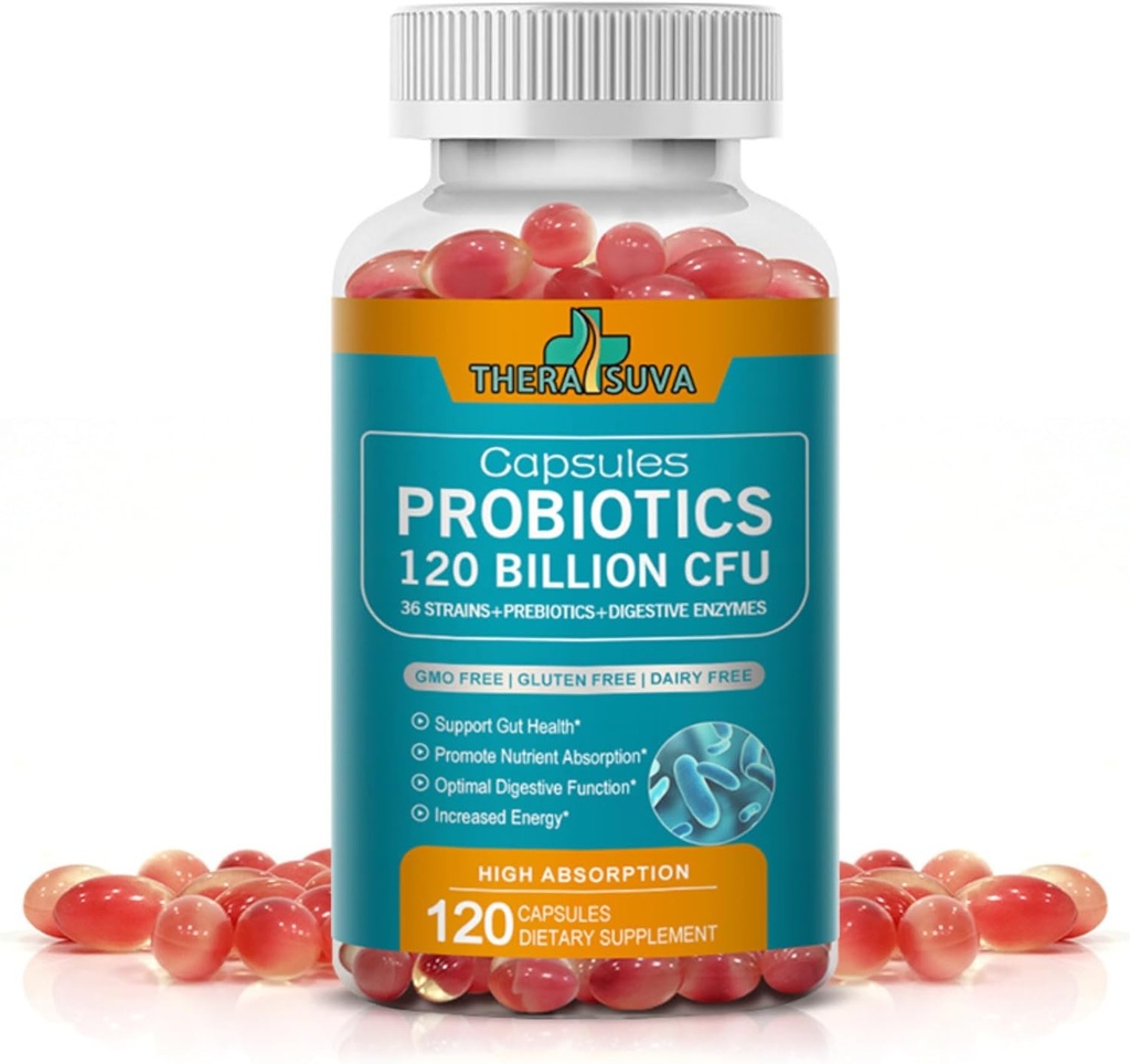 Probiotiques 120 milliards CFU-36 Fraises + Prébiotiques organiques + Complément alimentaire naturel entier pour le soutien ultime de la santé de Gut- 120 Softgels, 60 jours d'approvisionnement