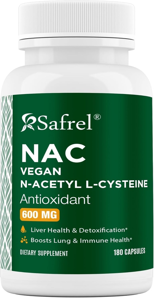 Safrel N-acétyl-L-Cysteine Capsules, 600 mg, 180 Compte, Respiratoire, Immune, Positif de santé du foie Antioxydant, Radicals libres, Facile à absorber, Non-OGM, Sans gluten
