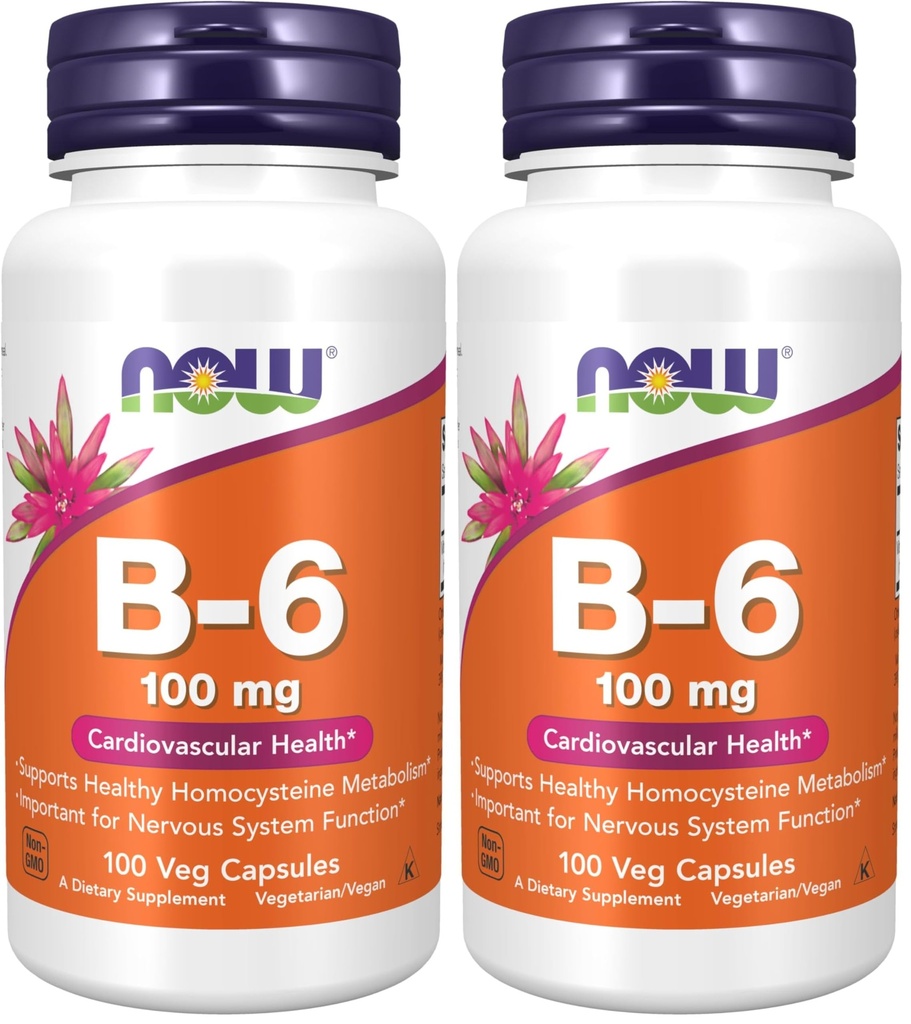 MAINTENANT suppléments, vitamine B-6 (HCl pyridoxine) 100 mg, santé cardiovasculaire*, 100 gélules (paquet de 2)