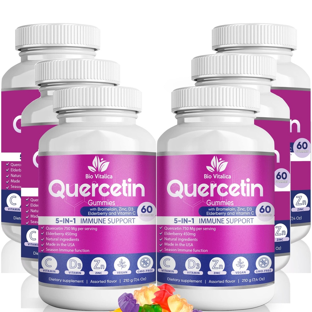 Gummies Quercetin par BioVitalica - Quercetin avec vitamine Bromelain C et Zinc & Elderberry + vitamine D3-5 dans 1 Immune Support - Zinc Quercetin 750 mg pour les enfants et les adultes (6, Quercetin)