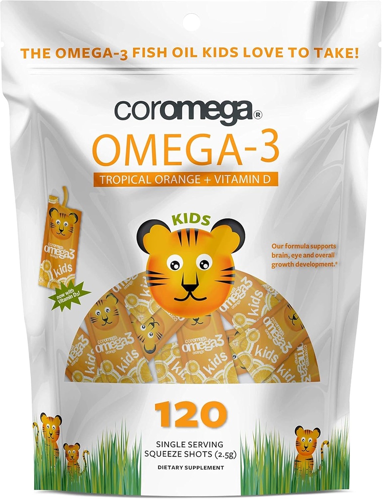 Coromega Kids Omega 3 Fish Oil Supplement, 650mg of Omega-3s, Tropical Orange + Vitamin D, 120 Single Serve Squeeze Packets