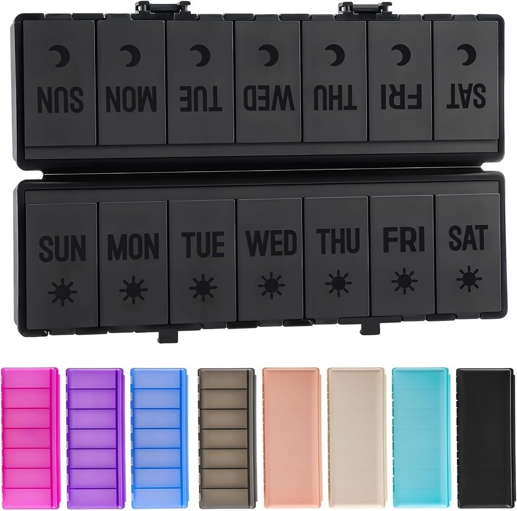 Organisateur de pilules pliables 2 fois par jour avec/étiquettes imprimées -Doual Protection & Portable Weekly AM Pill Box, conteneur de médicaments de 7 jours, grand cas de pilule de voyage pour supplément quotidien semaine vitamine - tout noir