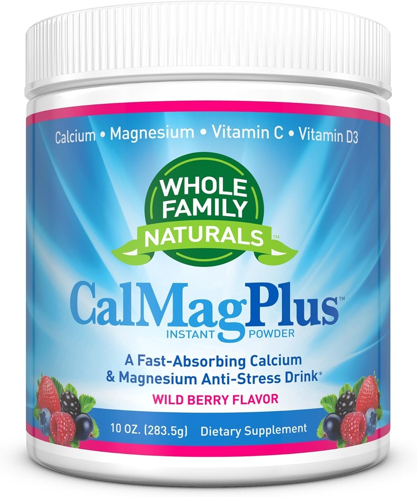 Supplément en poudre de magnésium de calcium - CalMag Plus avec vitamine C & D3 - Sans gluten, sans OGM, saveur de baie sauvage - Cal Mag boisson de soulagement et calmant naturel - Calcium et poudre de magnésium