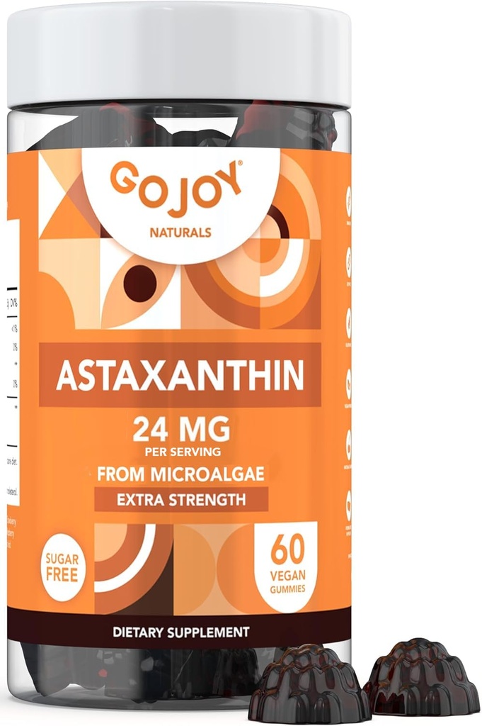 GJOY NATURALS Astaxanthin Gummies 24mg – Supplément antioxydant à haute puissance – Skin, Eye & Immune Wellness Support – Vegan, sans sucre, non-OGM, sans gluten, sans soja – 60 Gummies