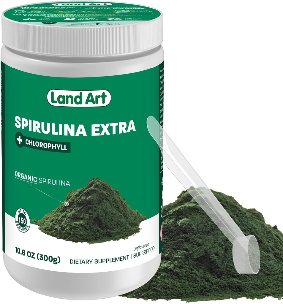 Land Art Certified Organic Fresh Spirulina Extra Powder 300g - Improved with Bioavailable Chlorophylle Added - Non aromatisé - Source propre - 3rd Party Tested - Mesure Spoon Inside