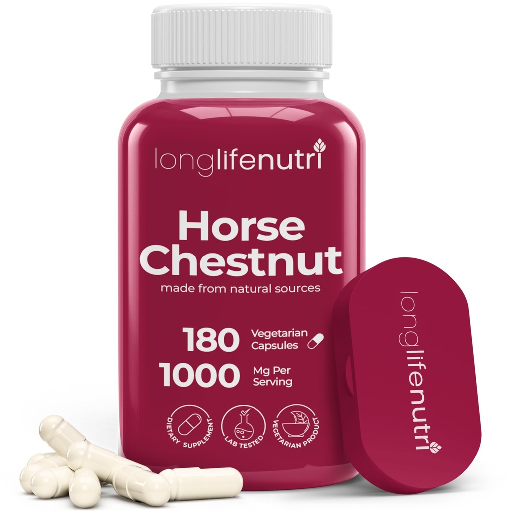 LongLifeNutri Horse Chestnut Extract 500mg - 180 Capsules végétariennes, Supplément biologique pour le bien-être quotidien et la circulation, 3-Mois, GMP certifié, Fabriqué aux États-Unis