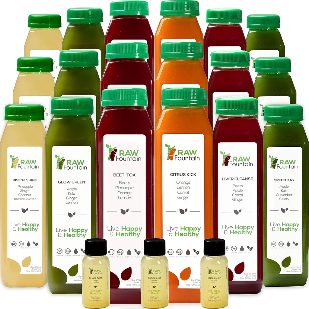 7 Day Juice Cleanse par Fountain Raw, tout naturel detox Cleanse, jus pour le repos corporel, jus pressé froid rapide, excellente façon de sauter à une alimentation saine, 42 bouteille 12oz, 7 coups de gingembre