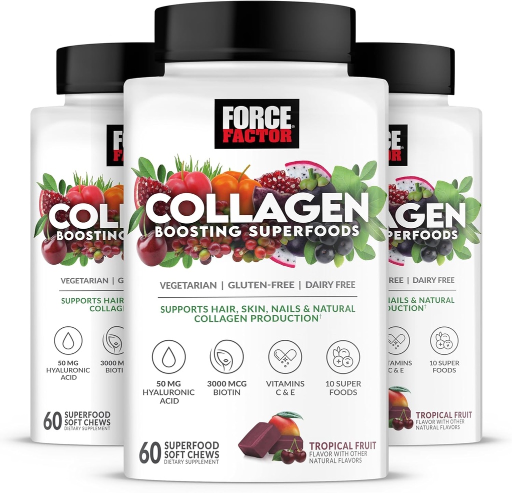 FORCE FACTOR Collagen Boosting Superfoods, Vegan Collagen Booster pour les femmes, avec la biotine, l'acide hyaluronique et la vitamine C, pour les cheveux, la peau, les ongles et le soutien articulaire, fruits tropicaux, 180 Chews doux, 3-Pack