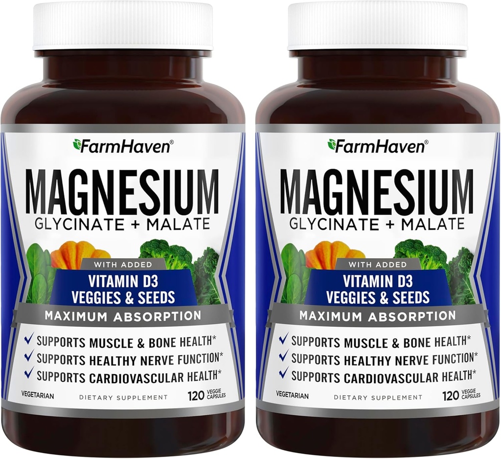 FarmHaven Magnésium Glycinate & Malate Complex avec/Vitamine D3, 100% Chélaté pour Max Absorption- Bone Health, Nerves, Muscles, 240 Capsules, 120 Jours