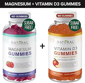 Gommies de magnésium sans sucre (180 Gommies) et Gommies de vitamine D sans sucre (180 Gommies) – Immune Soutien et Relaxation Valeur Bundle, Sans gélatine, Sans gluten, Vegan, Tous naturels, sans OGM, Kosher