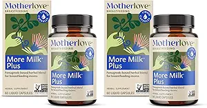 Motherlove Plus de lait Plus (60 capsules liquides 2 pack) Supplément d'allaitement à base de fénugreek pour soutenir l'approvisionnement en lait maternel — non-OGM, herbes biologiques, végétalien, casher