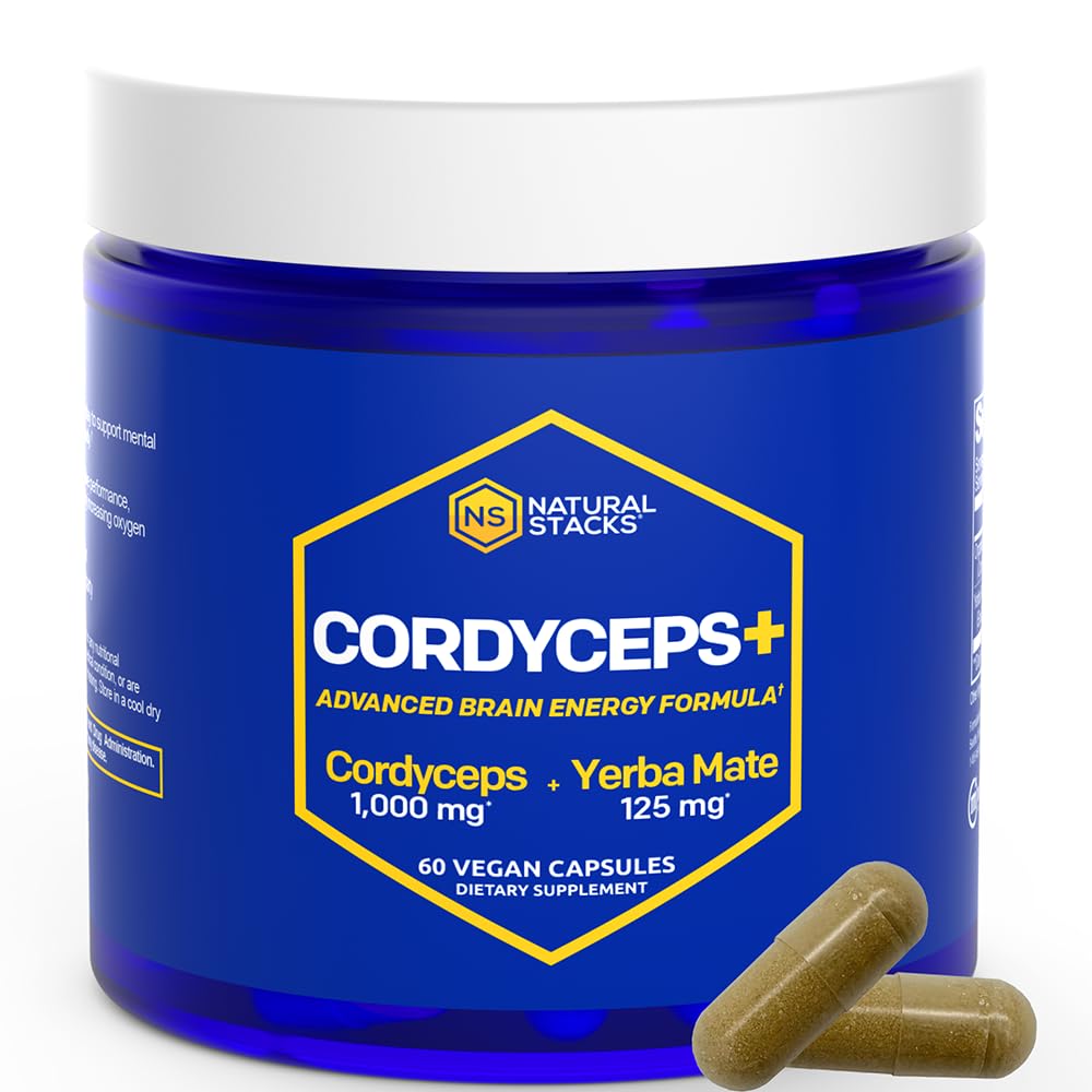 Cordyceps Mushroom Capsules - 1000mg Cordyceps Extract & 125mg Yerba Mate Extract - Supplément de champignons pour le corps 100% fruité - Soutient l'énergie cérébrale et la performance cognitive - 60 Yerba Mate Capsules