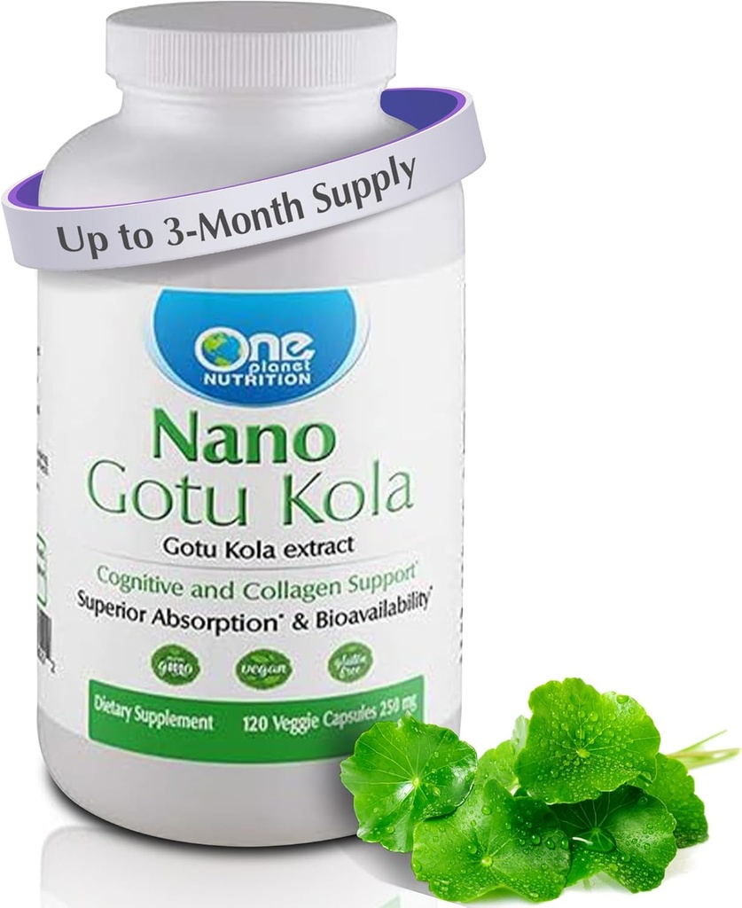 One Planet Nutrition Nano Gotu Kola 250 mg Capsules de légumes (120 portions), Gotu Kola Extract, Nano pour l'absorption améliorée, améliore la fonction cérébrale et la synthèse collagène, non-OGM, végétalien, sans gluten