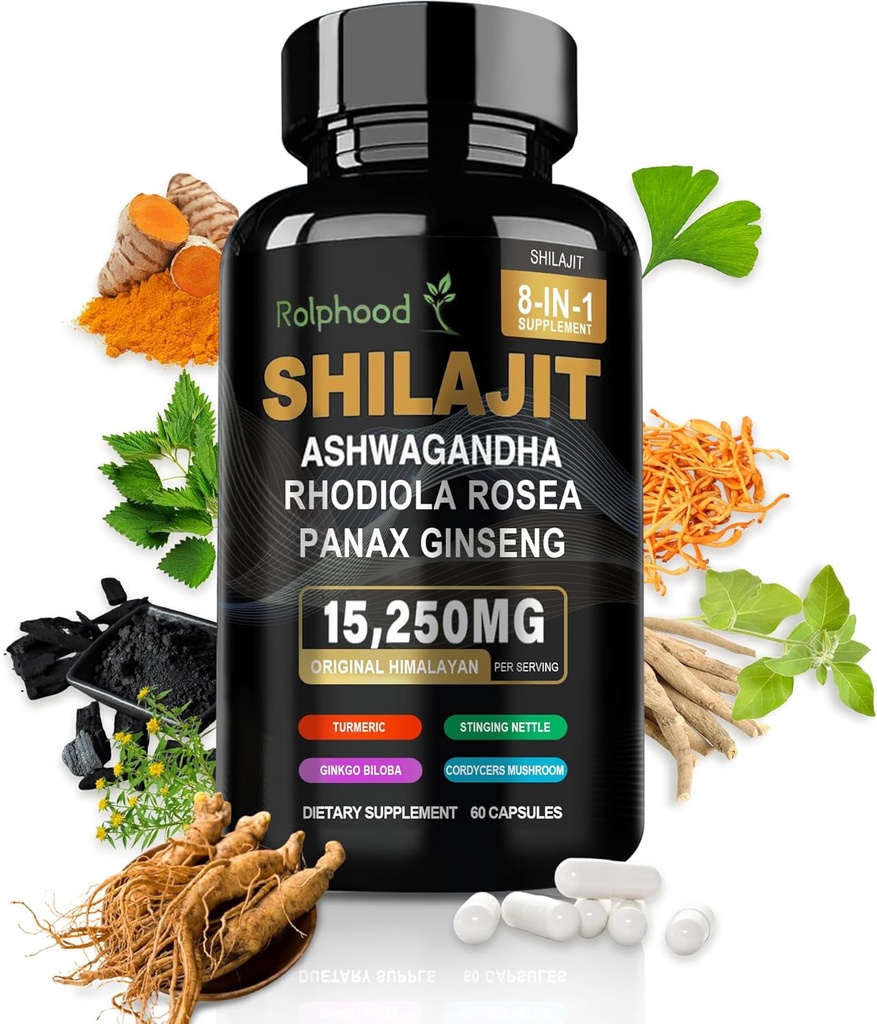 Shilajit pour les hommes/femmes - Pure Himalayan Organic,Shilajit Capsules avec Ashwagandha, Compléments 60 Capsules Alternative à la résine,rops et gommes