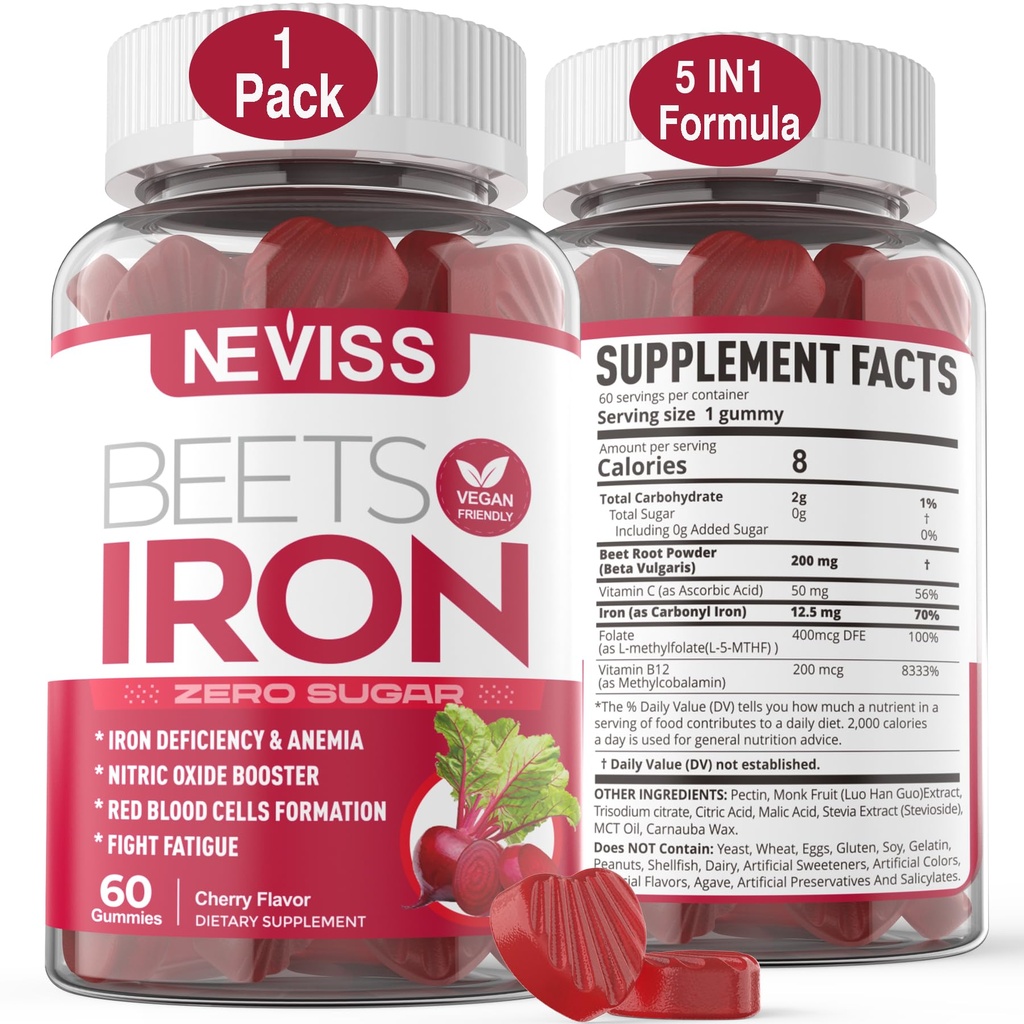 Gommies de racines de betteraves avec fer, méthyle B12, folate, vitamine C - Augmenter l'oxyde nitrique et les niveaux de fer, soutien énergétique, lutte contre la fatigue, betterave et supplément de fer doux, sans sucre, 60 comtes
