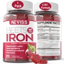 Gommies de racines de betteraves avec fer, méthyle B12, folate, vitamine C - Augmenter l'oxyde nitrique et les niveaux de fer, soutien énergétique, lutte contre la fatigue, betterave et supplément de fer doux, sans sucre, 60 comtes