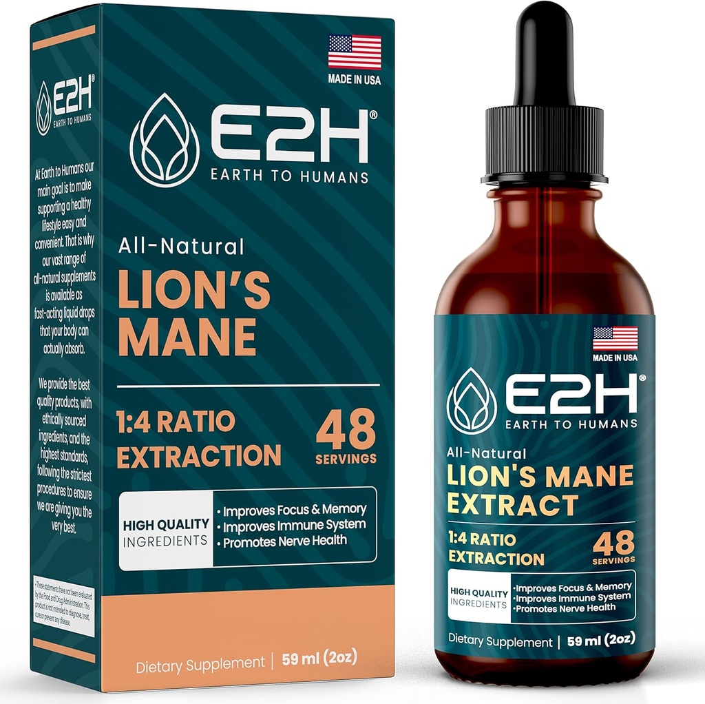 Lions Mane - Supplément Lions Mane - Promotion de la clarté mentale, de la mémoire et du focus - Lions Mane Liquide pour le support immunitaire - Teinture de champignons - 2 Fl Oz par E2H
