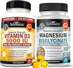 Vitamine haute résistance D3 5000 UI 125 mcg (1 an d'approvisionnement) Plus haute absorption Capsules de bisglycinate de magnésium (2 mois d'approvisionnement)