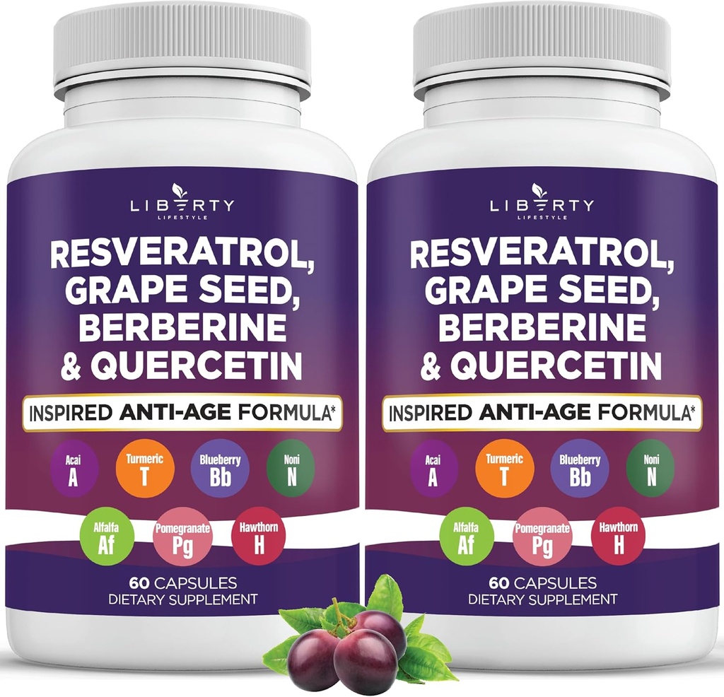 Resveratrol, Berberine, Grape Seed Extract, Quercetin, Polyphenol Supplement for Women and Men with Noni Extract, N-Acetyl Cysteine, Acai Extract - 2-Pack