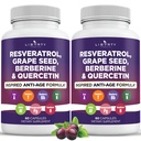Resvératrol, Berberine, Extrait de graines de raisin, Quercetin, Supplément de polyphénol pour les femmes et les hommes avec extrait de noni, N-acétyl Cysteine, Extrait d'açai - 2-Pack