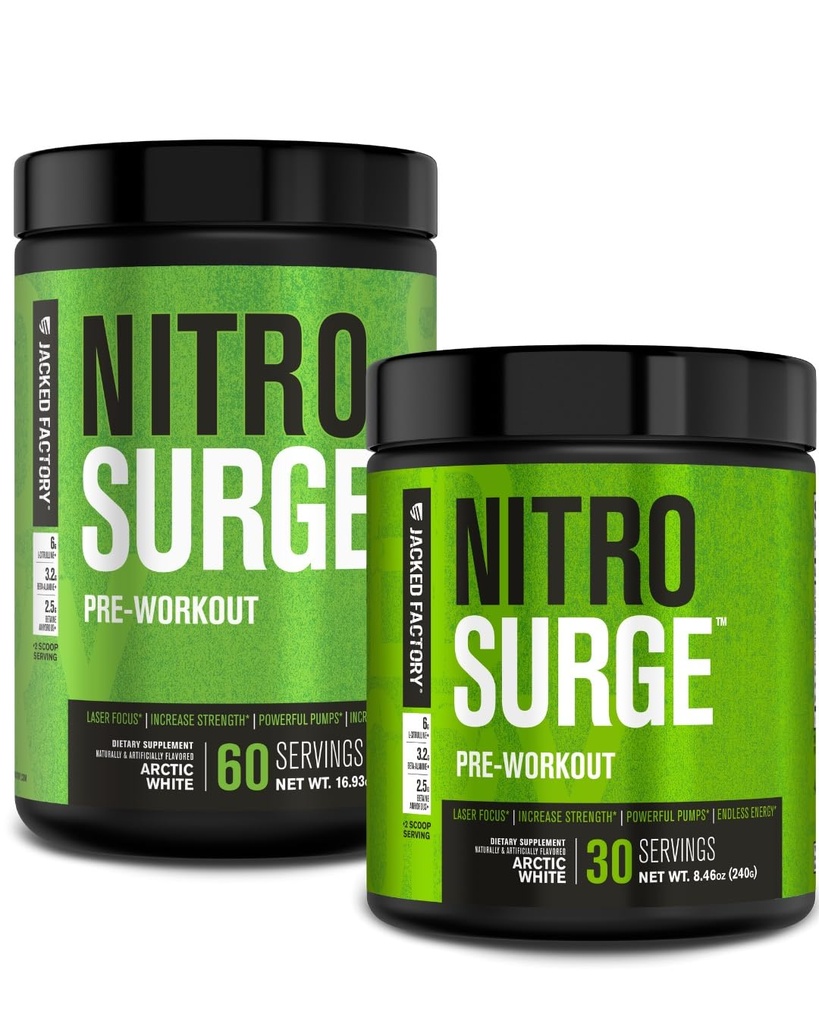 Supplément de pré-entraînement Jacked Factory NITROSURGE - Énergie sans fin, gains de force instantanés, accent clair, pompes intenses - NO Booster et puissant pré-entraînement Poudre d'énergie - 90 portions, blanc arctique