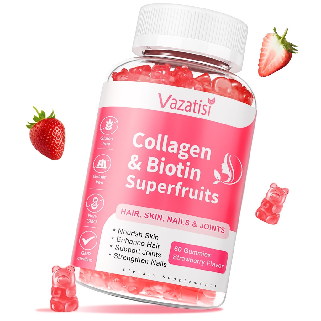Gommies sans sucre de collagène pour les femmes hommes, multi collagène peptides Gommies de type I II III V X avec la vitamine Biotine A B C D E pour les ongles de peau de cheveux, goût de fraise, 60 comte
