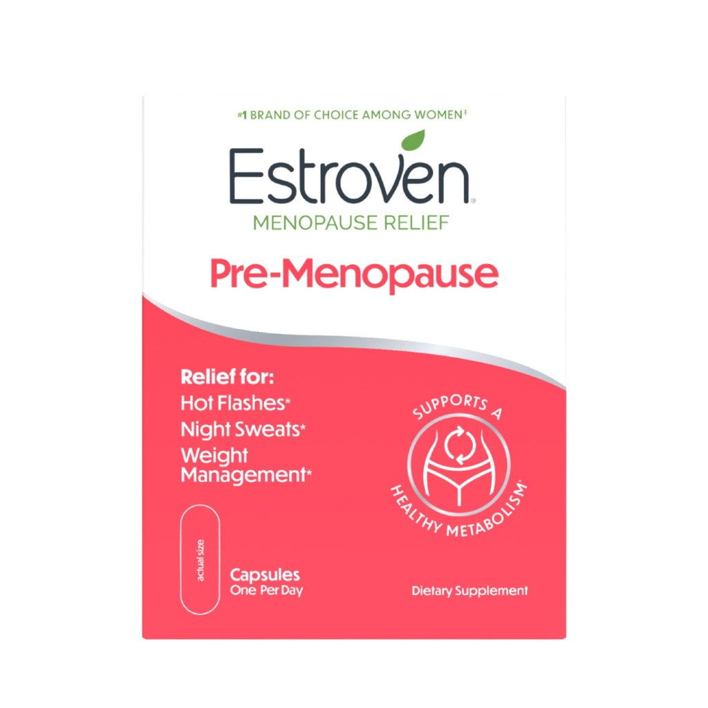 Estroven Pre-Menopause Relief, 30 Ct., Ingrédients prouvés cliniquement, Fournit le soulagement de la ménopause plus les sueurs nocturnes et le soulagement du flash chaud, sans médicament ou sans œstrogène