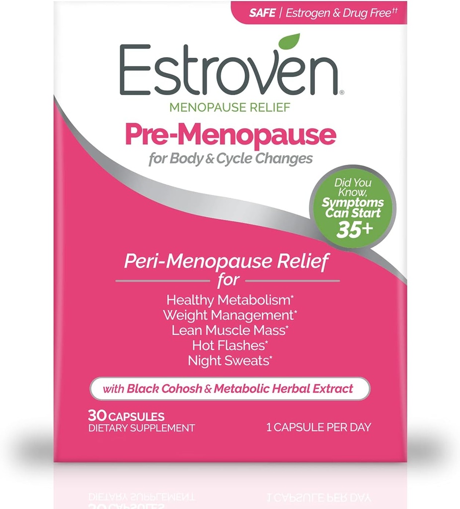 Estroven Pre-Menopause Relief, 30 Ct., Ingrédients prouvés cliniquement, Fournit le soulagement de la ménopause plus les sueurs nocturnes et le soulagement du flash chaud, sans médicament ou sans œstrogène