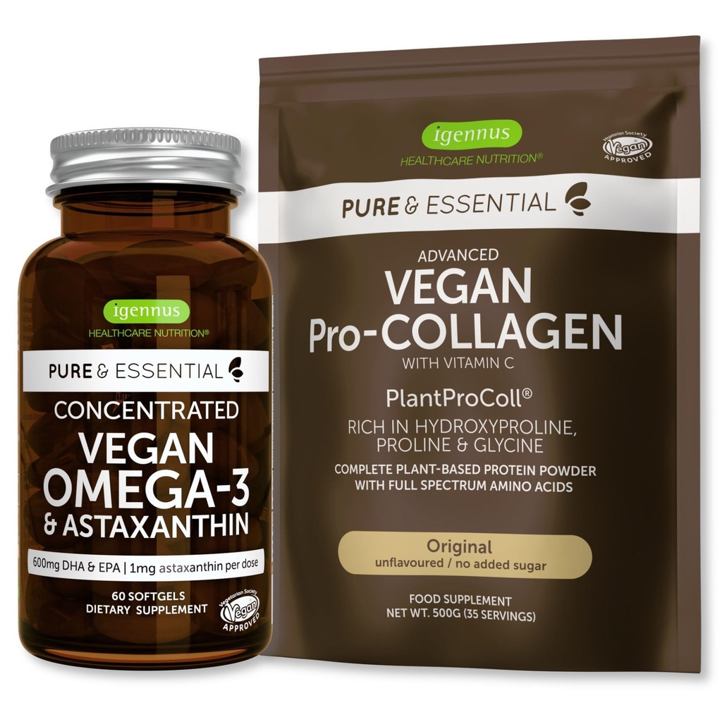 Pure & Essential Collagen Peptide Protéine Poudre & Vegan Omega 3 Bundle, Complete Collagen Boosting Formula & Sustainable Algae Oil 1340mg, par Igennus
