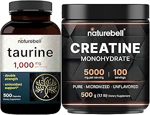 NatureBell Creatine Monohydraté Poudre et Capsules Taurine 1000mg par paquet de portions