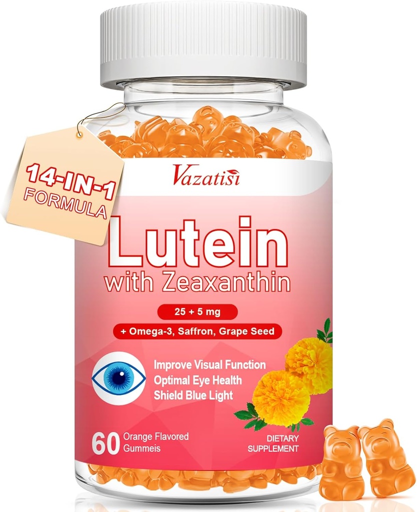 Suppléments de lutéine et de zéaxanthine Gummies, supplément de vitamine des yeux avancé avec Bilberry, Safran, Graines de raisin, Oméga 3 pour la santé maculaire, oeil sec, fonction visuelle - Arôme orange, 60 Comte