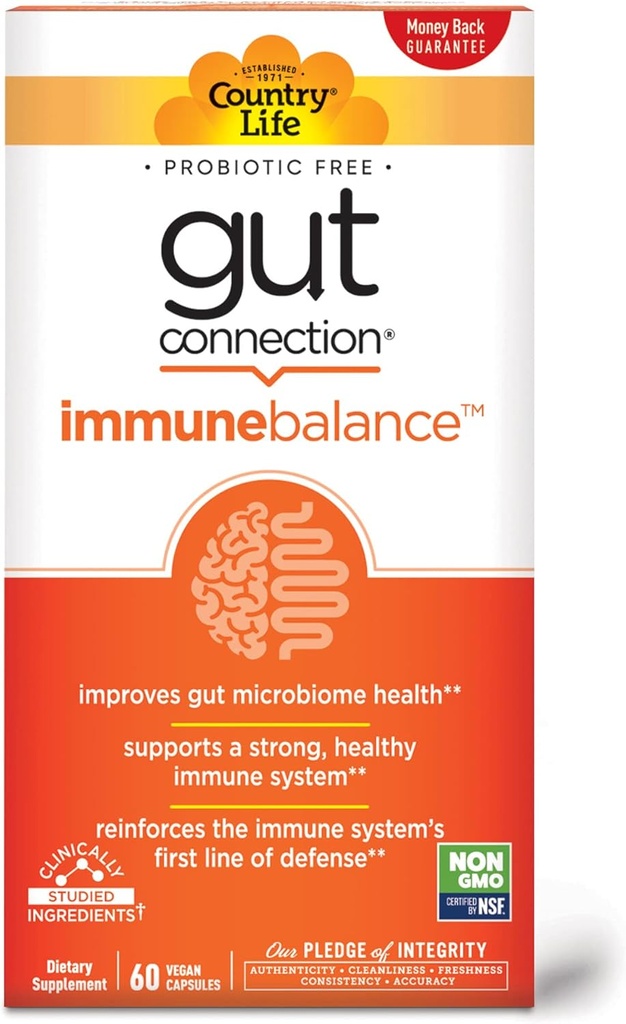 Country Life Gut Connection Immune Balance 60 Capsules Vegan certifiées sans gluten, Vegan certifiées, non-OGM vérifiées