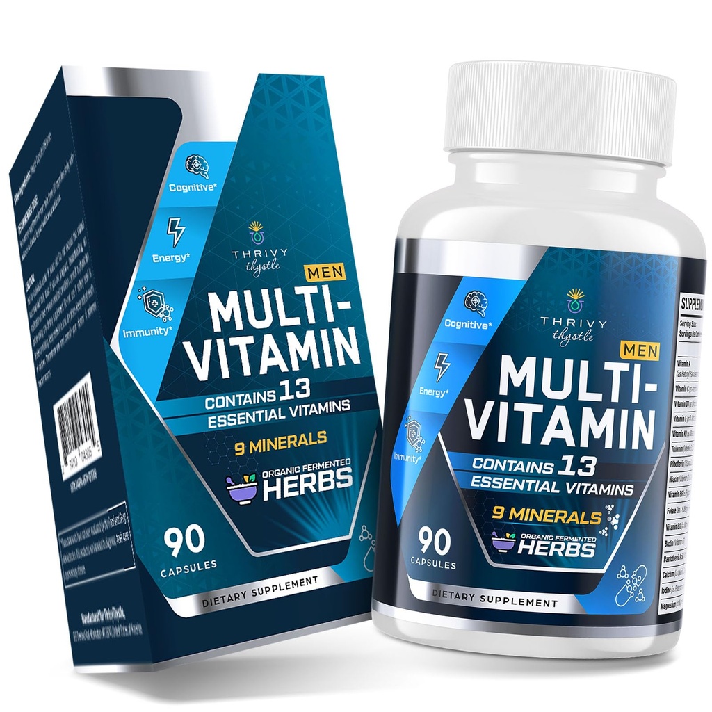 Multivitamine pour hommes 50+ avec B12 et folate méthylé, Omega-3 et CoQ10 – Mélange fermenté à base de plantes, 43 vitamines et minéraux – soutient le cerveau et la mémoire et la santé immunitaire - 90 capsules